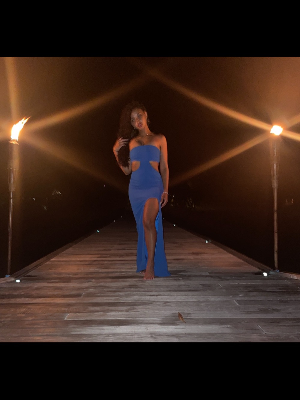 House of CB Royal Blue Strapless Cutout High-Slit Gown
